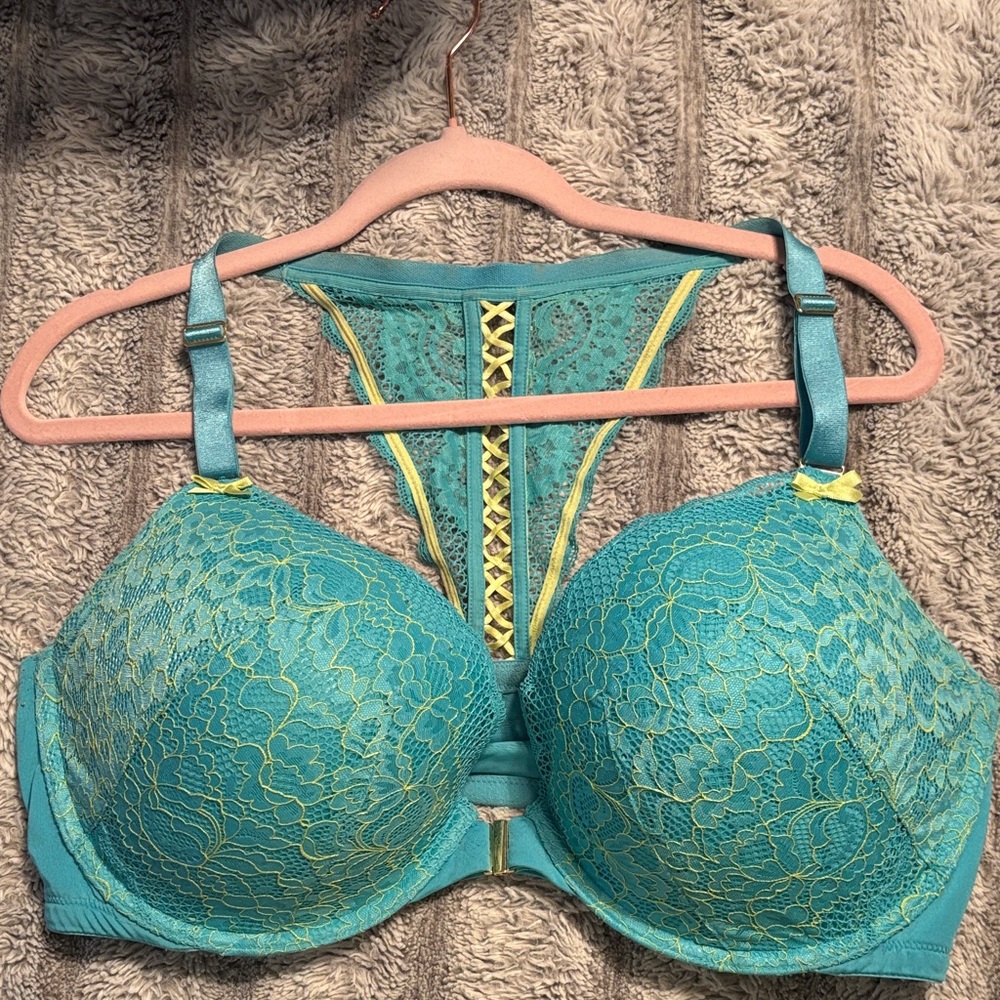Cacique Teal and Yellow Lace Bra